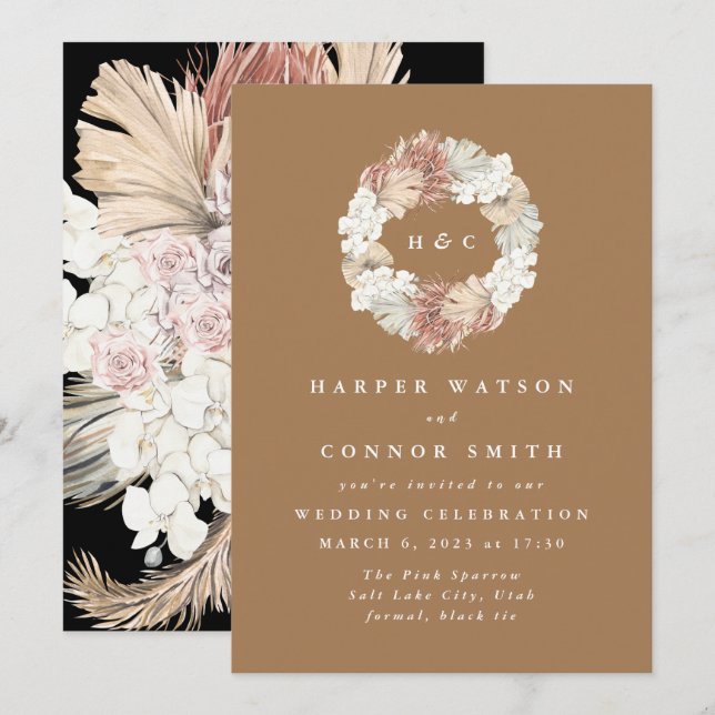 Monogramm Wreath Pampas Grass Floral Tropical Einladung (Vorne/Hinten)