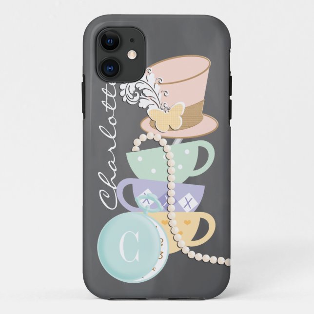 Monogramm-wütende Hutmacher-Teacups und Hut Case-Mate iPhone Hülle (Rückseite)
