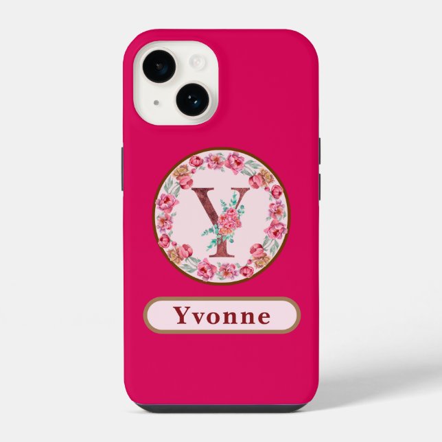 Monogramm Y Blumen Custom  iPhone 14 Hülle (Rückseite)