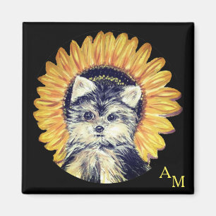 Monogramm, Yorkshire-Hund & Sonnenblume auf Schwar Magnet
