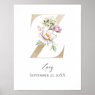 Monogramm Z Rosa Weiße Blumen Gold Buchstabe Kinde Poster