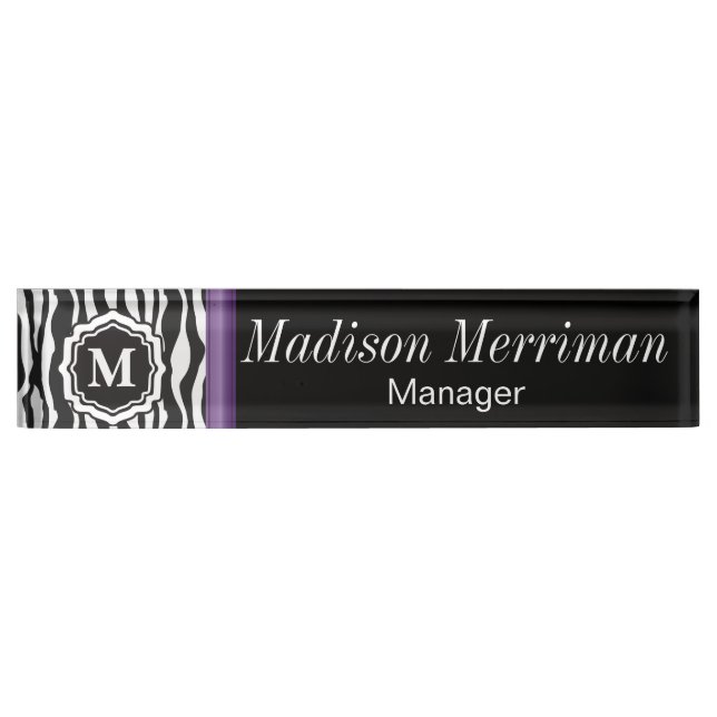 Monogramm Zebra Lila Bar Namensplakette (Vorderseite)
