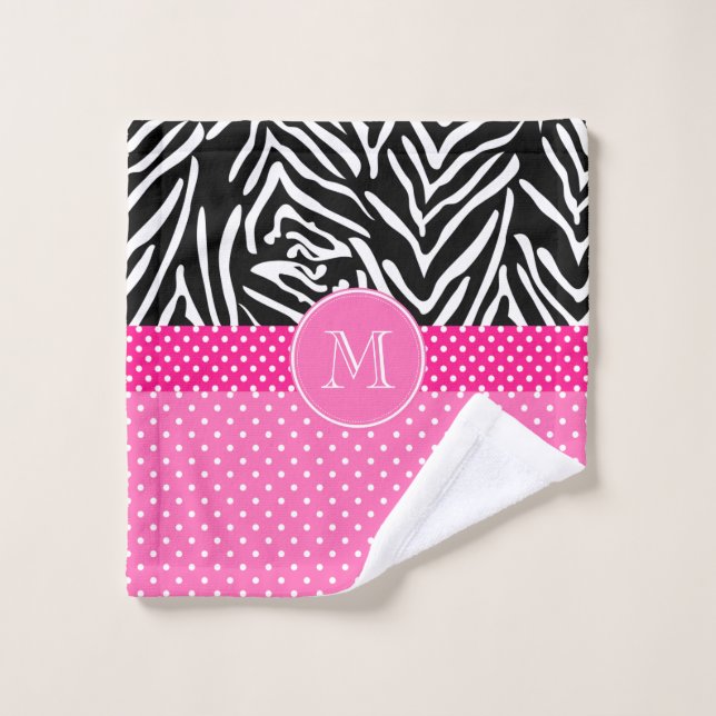 Monogramm Zebra mit Hot Pink Polka Dot Muster Badhandtuch Set (Waschlappen)
