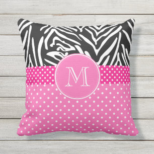 Monogramm Zebra mit Hot Pink Polka Dot Muster Kissen