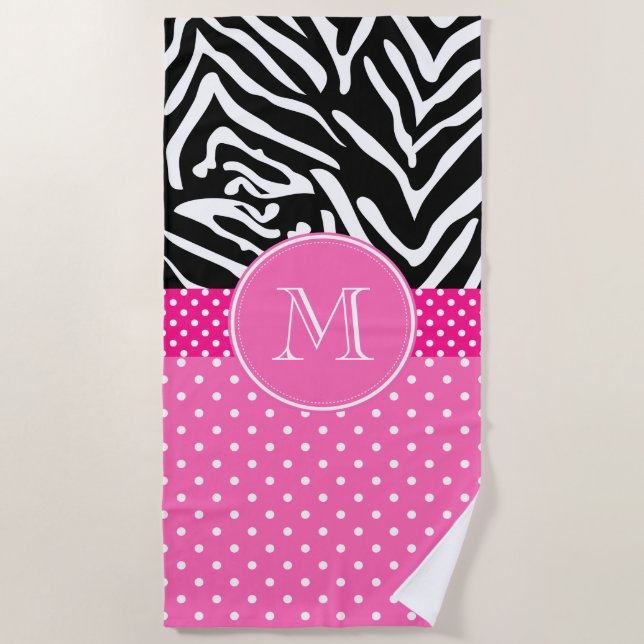 Monogramm Zebra mit Hot Pink Polka Dot Muster Strandtuch (Vorderseite)