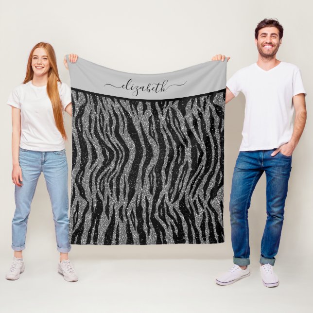 Monogramm Zebramuster Schwarz und Grau Silber Fleecedecke (Beispiel)
