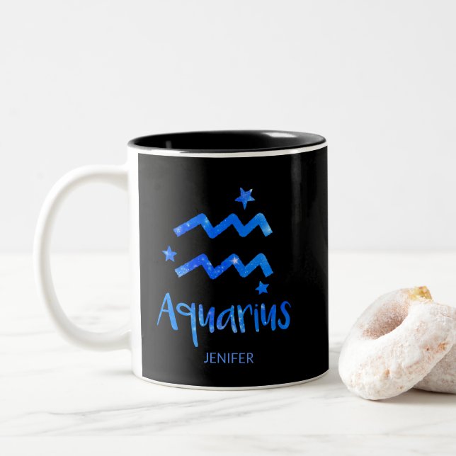 Monogramm, Zodiac-Zeichen, Aquarius mit Blauer Gal Zweifarbige Tasse (Mit Donut)
