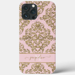 Monogrammatiertes Girly Pink n Gold Glitter Damask Case-Mate iPhone Hülle