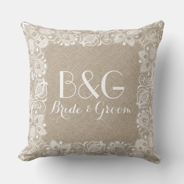 Monogrammatikalische Beige und weiße Spitzen-Rahme Kissen (Vorderseite)