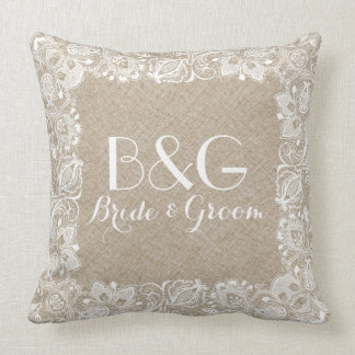 Monogrammatikalische Beige und weiße Spitzen-Rahme Kissen