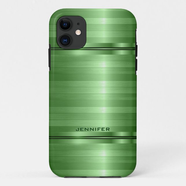 Monogrammatikalische Shiny Metallic Green Stripes Case-Mate iPhone Hülle (Rückseite)