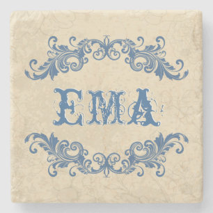 Monogrammatisches blaues und cremefarbenes Muster Steinuntersetzer