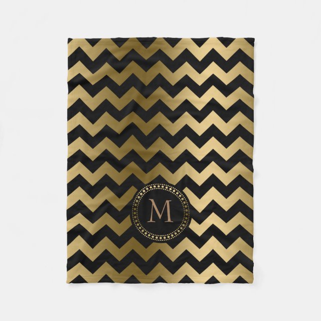 Monogrammatisches Gold und Black Zigzag Zickzack Fleecedecke (Vorderseite)