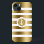 Monogrammatisches Gold & White Stripes Nautical An title_seo2<br><div class="desc">Elegantes modernes Design goldene Streifen über weißem Hintergrund. Weißer nautischer Anker. Anpassbare und optionale Monogramm.</div>