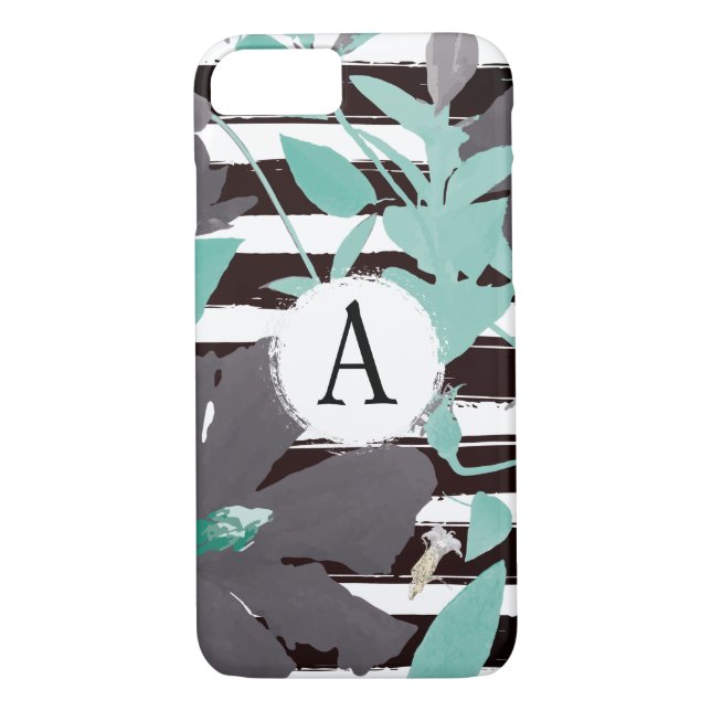 Monogrammatisches graues Minz Floral Stripe Case-Mate iPhone Hülle (Rückseite)