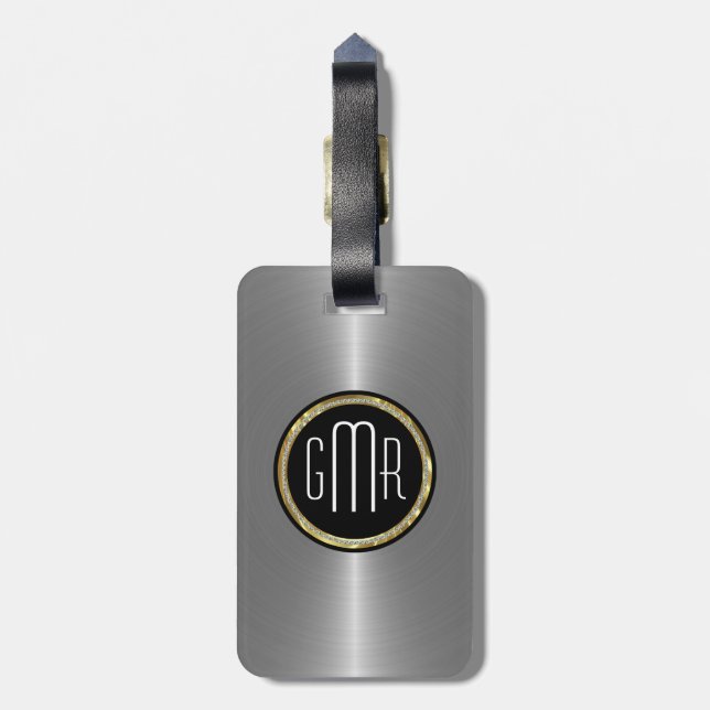 Monogrammatisches metallisches Silber-Edelstahl-Lo Gepäckanhänger (Rückseite vertikal)