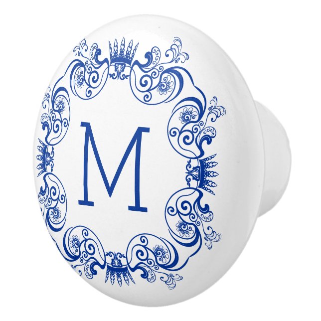 Monogrammatisches Navy Blue Floral Orante Circle G Keramikknauf (Rechts)