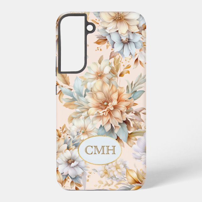 Monogrammatisches TelefonCase Peach Blue Floral Samsung Galaxy Hülle (Rückseite)