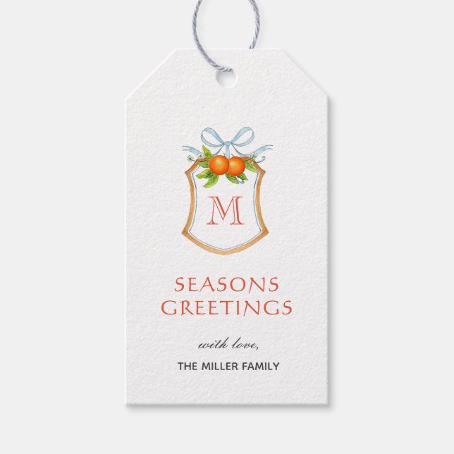 Monogrammatisches Wappen mit Citrus orange Urlaubs Geschenkanhänger (Vorderseite)