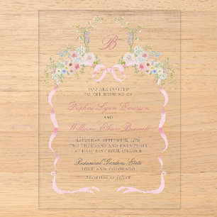 Monogrammbänder und Blumen Hochzeit Acryleinladungen
