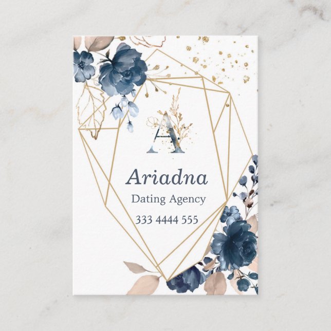 Monogrammblumenmarineblau-Aquarell, Confetti Visitenkarte (Vorderseite)