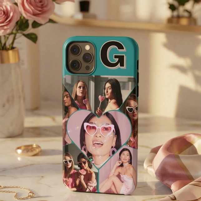 Monogramme 6-Photo Collage coque iphone Turquoise (Monogram 6-Photo Collage Teal Green iPhone Case
)