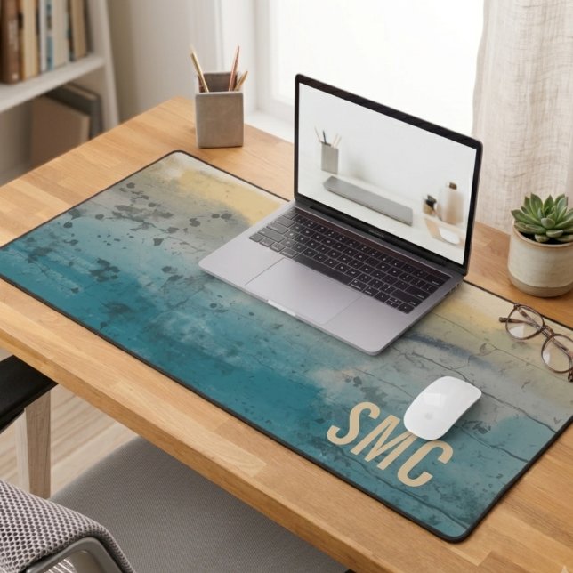 Monogramme Abstrait Côté Mer (Monogrammed teal coastal desk mat styled in a home office — a chic gift for her new job or promotion)