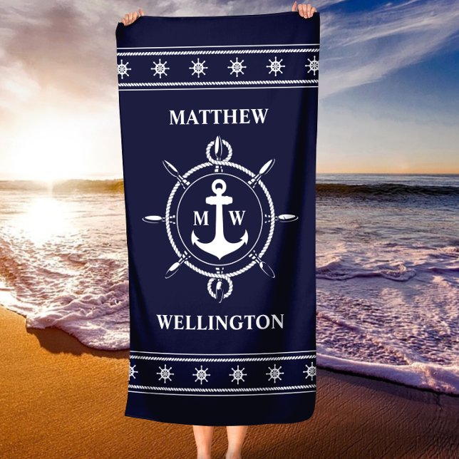 Monogramme Ancre nautique Serviette de plage perso (Monogram Nautical Anchor Personalized Beach Towel)
