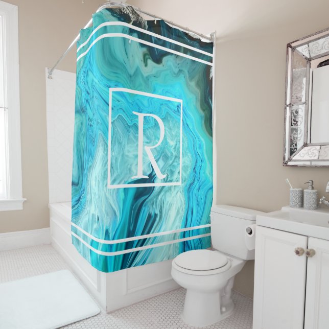 Monogramme Aquamarine Streifen Agate Art Muster Duschvorhang (Beispiel)