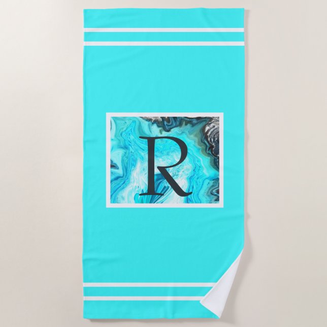 Monogramme Aquamarine weiße Streifen Agate Kunst,  Strandtuch (Vorderseite)