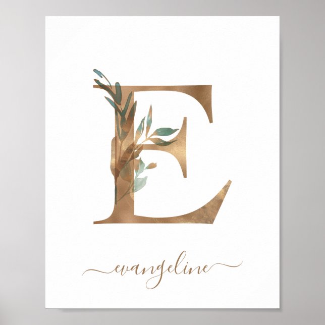 Monogramme Aquarelle Floral or Lettre E Poster (Devant)
