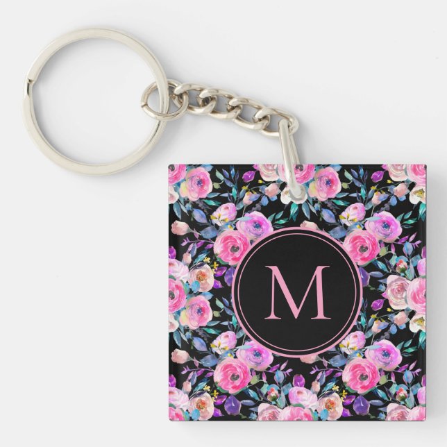 Monogramme Aquarelle rose noir Porte - clé Floral (Devant)