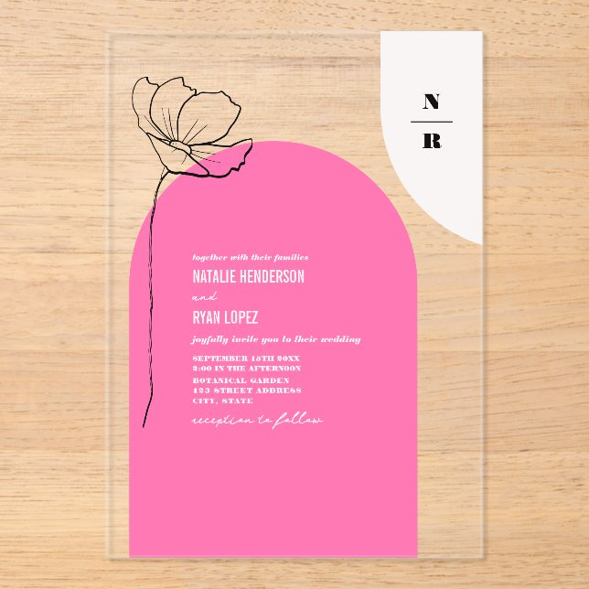 Monogramme Arc rose Faire-part de mariage floral (Recto)