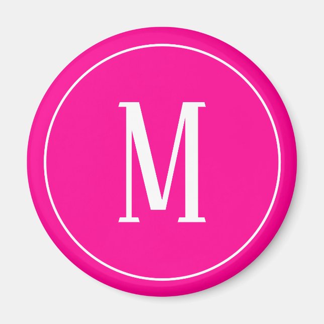 Monogramme blanc sur aimant rond rose chaud (Devant)