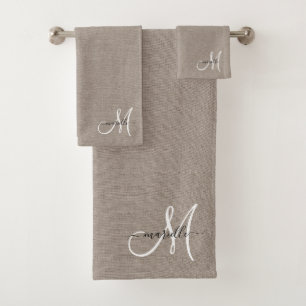 Monogramme blanc Taupe Faux Linen