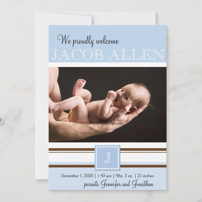 Monogramme bleu et Brown Faire-part bébé garçon (Devant)