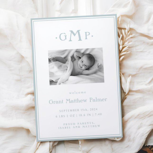 Monogramme bleu Faire-part bébé garçon (Créateur téléchargé)