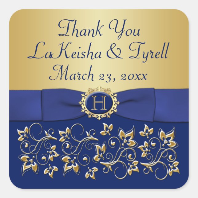 Monogramme bleu, Gold Floral Wedding Favor Sticker (Devant)