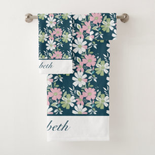 Monogramme bleu marine Rose Vert Blanc Floral Fleu