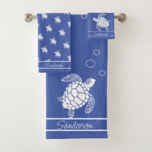 Monogramme Bleu n Tortue de mer blanche Nautique