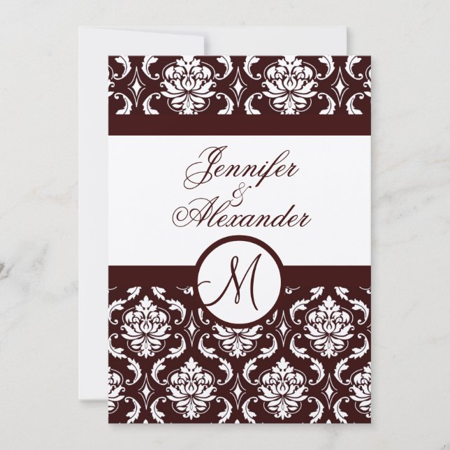 Monogramme Brown Damask Invitation sur papier à fe (Devant)