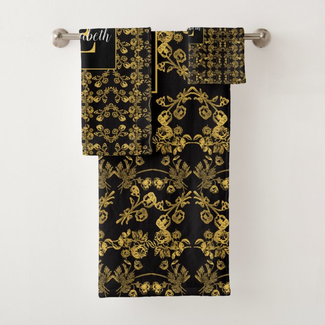 Monogramme chic Or & noir damask tourbillon motif (En situation)