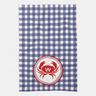 Monogramme Crabe et En vichy bleu serviette de cui