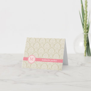 Monogramme Damask Carte de remerciements - rose