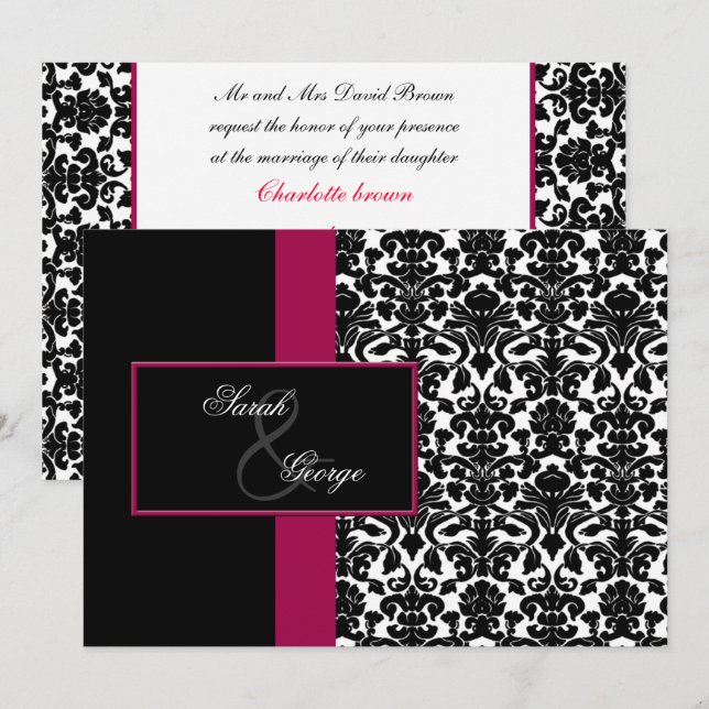 monogramme damassé faire-part de mariage rose (Devant / Derrière)