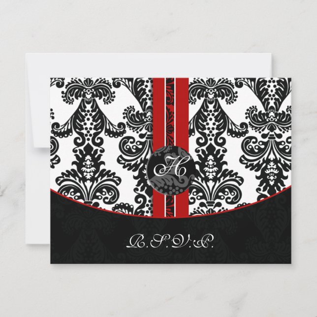 monogramme damassé rouge cartes rsvp (Devant)