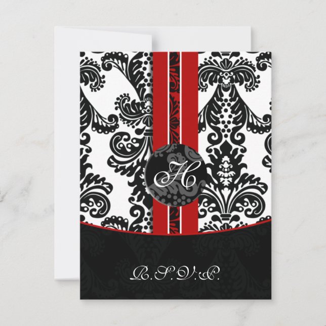monogramme damassé rouge cartes rsvp (Devant)