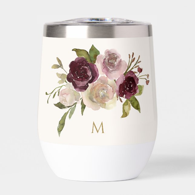 Monogramme d'aquarelle florale rose-bourgogne mode (Avant)