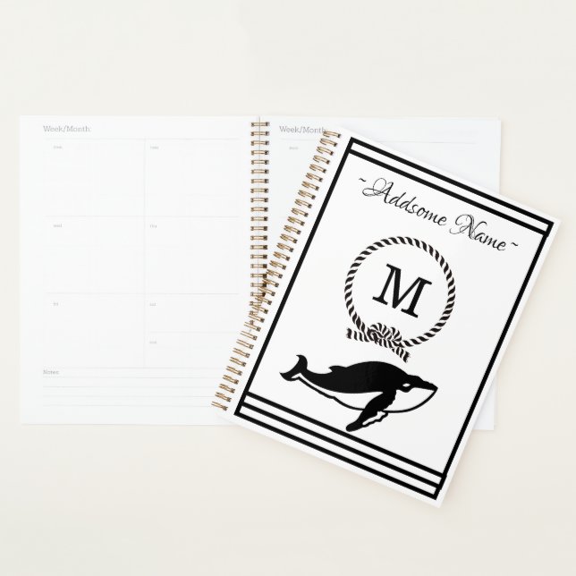Monogramme de baleine nautique Élégant noir blanc (Devant avec enveloppe)