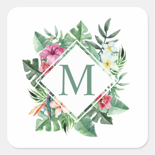 Monogramme de cadre floral tropical | Sticker (Devant)
